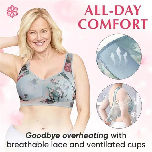 Woman wearing a floral bra with 'All-Day Comfort' text and product details on a pink background