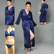 3 Piece Silk Long Bridal Nighty Set Best Honeymoon Gown With Bra And Pant