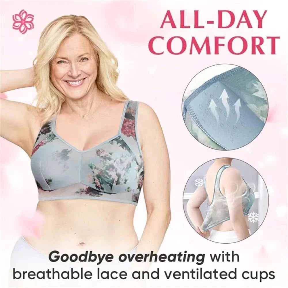 Woman wearing a floral bra with 'All-Day Comfort' text and product details on a pink background